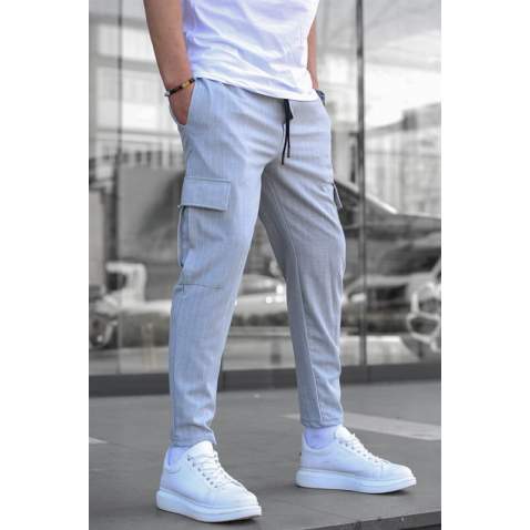 Men Striped Gray Cargo Trousers - Gri