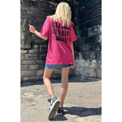 Women Printed Pink T-Shirt - Pembe