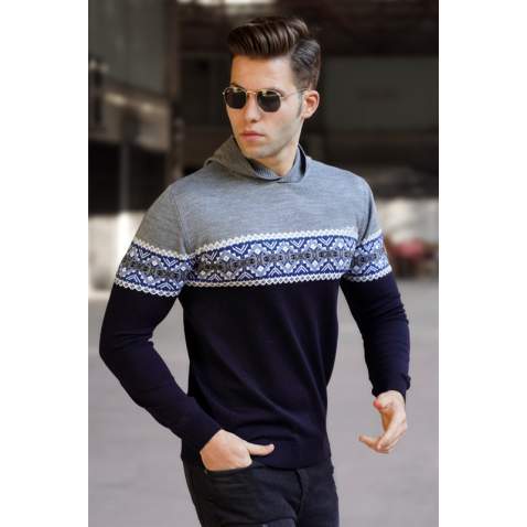 Madmext Gray Sweater With Hoodie For Men 5624 - Gri