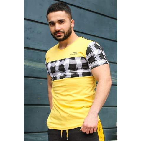 Madmext Yellow Plaid T-shirt for Men 3004 - Sarı