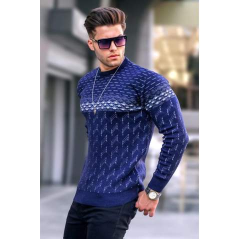 Navy Blue Designed Knitwear Sweater 5972 - Lacivert