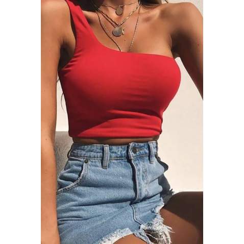 Mad Girls Red One Shoulder Strappy Crop Top MG325