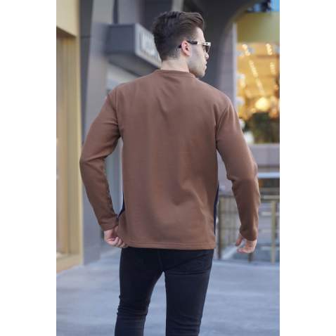 Brown Color Block Printed Sweatshirt 6015 - Kahverengi