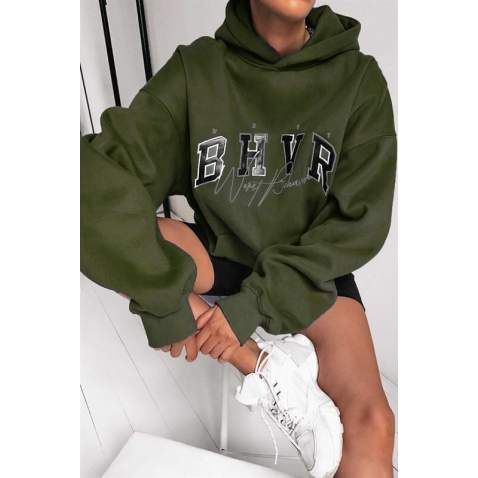 Mad Girls Embroided Khaki Sweatshirt Hoodie MG812 - Haki