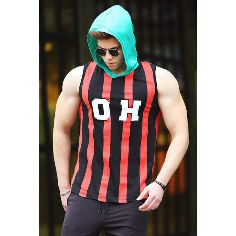 Madmext Black-Red Striped T-shirt with Hood for Men 4024 - Çok renkli