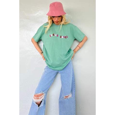 Mint Green Printed Oversize T-Shirt MG1517 - Mint yeşili