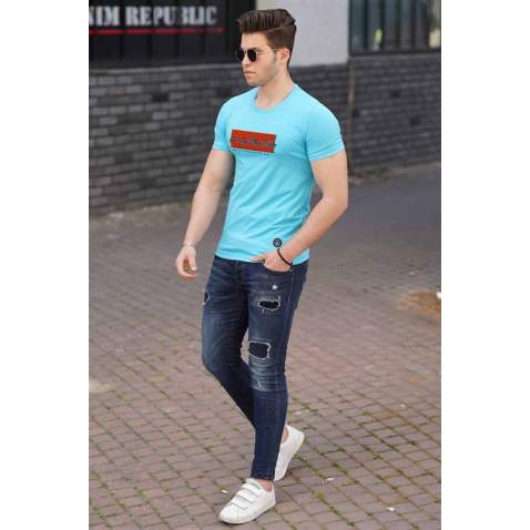 Madmext Blue Printed T-shirt for Men 4589 - Mavi