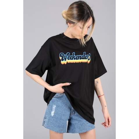 Women Printed Oversize Black T-Shirt - Siyah