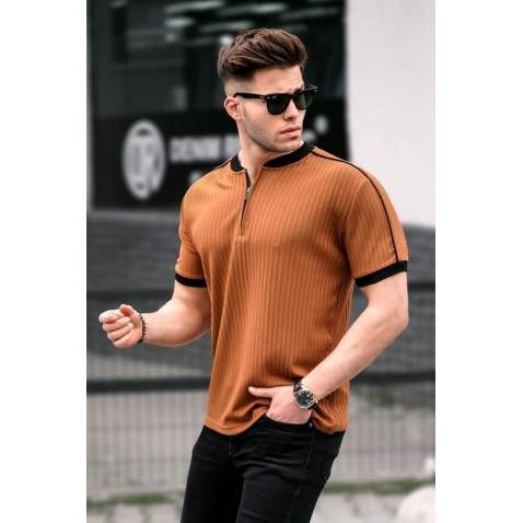 Men Camel Zip Neck T-Shirt - Camel