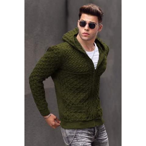 Men Khaki Knitted Hoodie Cardigan 9300