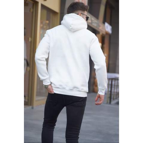 White Printed Hoodie Sweatshirt 5898 - Beyaz