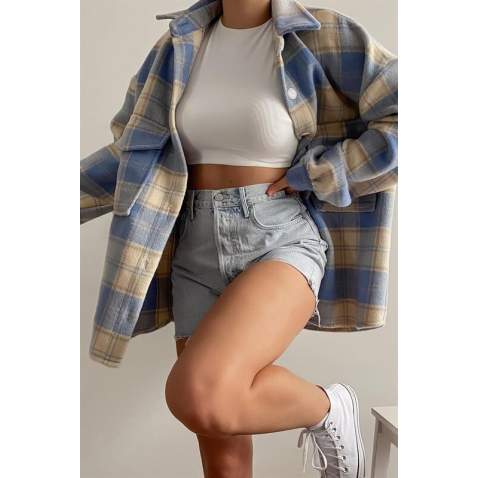 Mad Girls Oversize Turquiose Lumberjack Shirt MG042 - Turkuaz