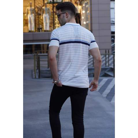 Men Striped White Polo T-Shirt 5734 - Beyaz