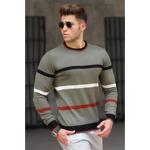 Madmext Men Striped Khaki Knitted Sweater 5171 - Haki