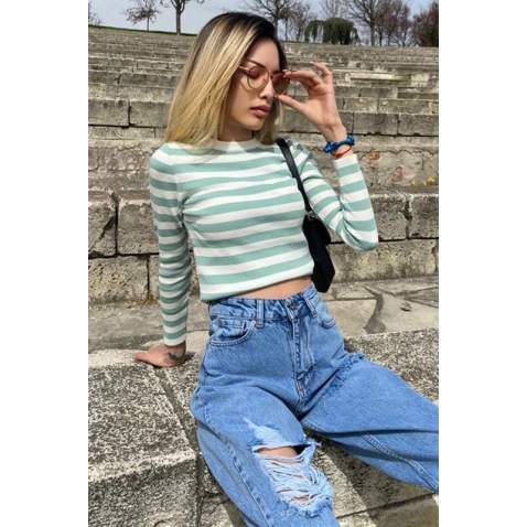 Women Crewneck Green Striped Sweater - Yeşil