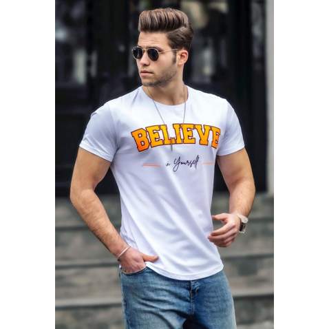 Madmext White Printed T-shirt for Men 4540 - Beyaz