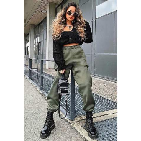 Mad Girls Oversize Elastic Cuffed Khaki Sweatpants MG324 - Haki