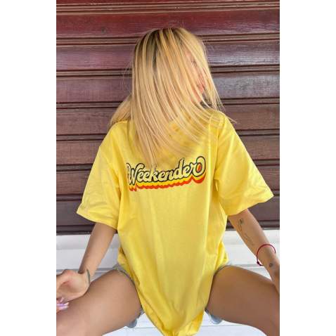 Women Printed Oversize Yellow T-Shirt - Sarı