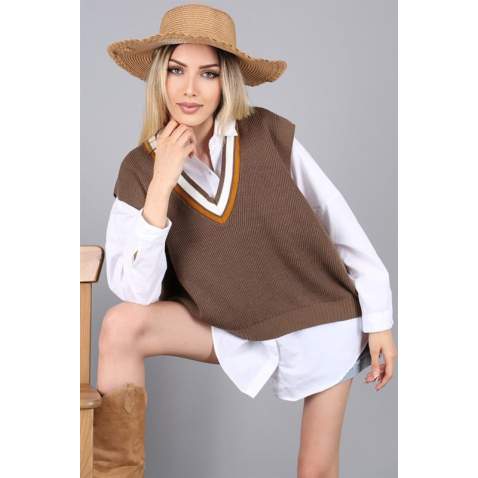 Women Striped Brown Sweater - Kahverengi