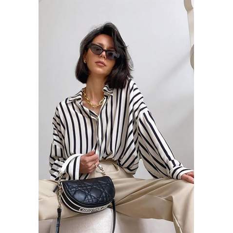 Mad Girls Striped White Shirt MG1383 - Beyaz