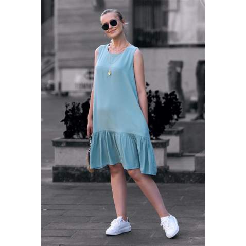 Mad Girls Blue Frilled and Pocket Detailed Dress MG445 - Mavi