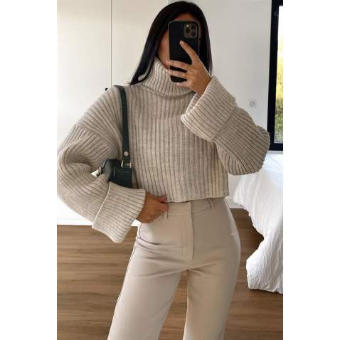 Mad Girls Beige Turtleneck Sweater MG1402 - Bej