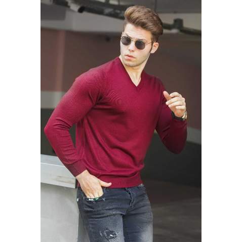 Madmext Claret Red V-Neck Basic Men Jumper 9417 - Bordo