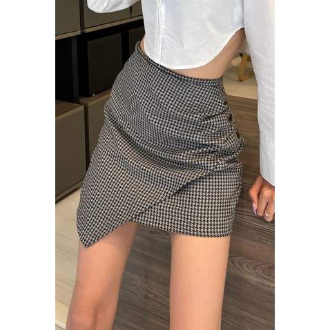 Women Brown Checkered Mini Skirt - Kahverengi