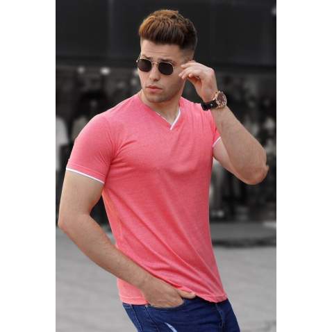 Madmext Men V Neck Plain Fuchsia T-shirt 5278 - Fuşya