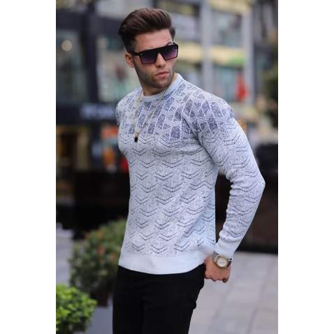 Ice Gray Designed Knitwear Sweater 5971 - Buz grisi