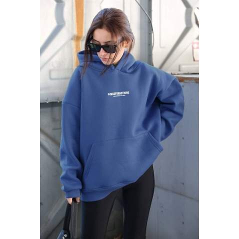 Mad Girls Blue Printed Oversize Sweatshirt MG1287 - Mavi