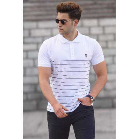 Madmext Men Striped White Polo T-shirt 5238 - Beyaz