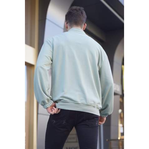 Mint Yeşili Fermuar Yakalı Nakışlı Sweatshirt 6026 - Mint yeşili