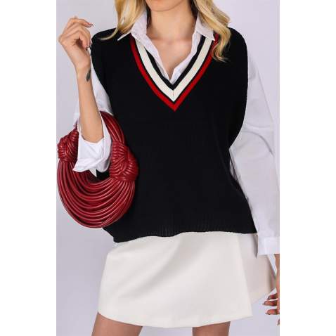 Women Striped Black Sweater - Koyu lacivert