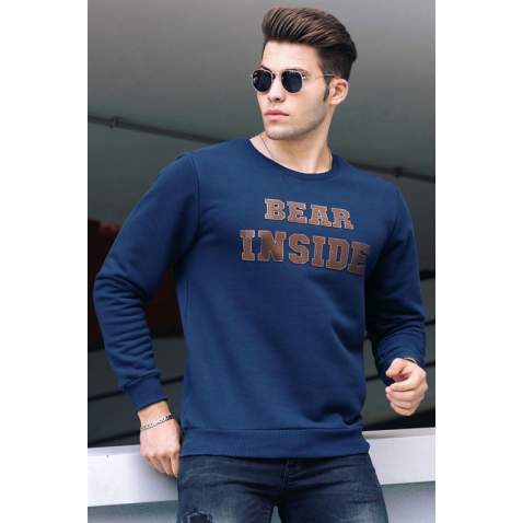 Madmext Navy Blue Printed Crew-Neck Sweatshirt 4751 - Lacivert