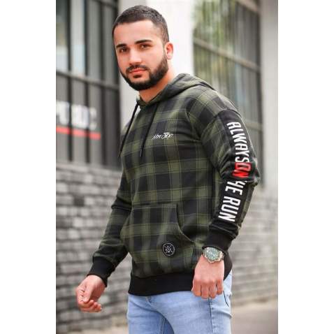 Madmext Men Checkered Khaki Hoodie Sweatshirt 2688 - Haki