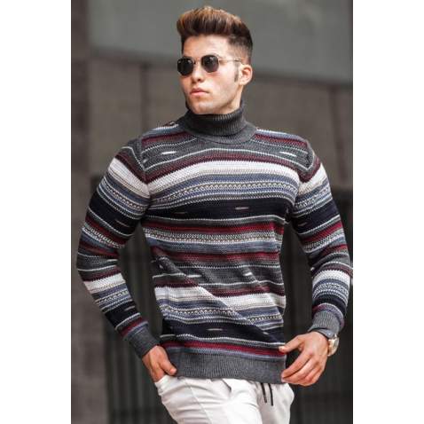 Madmext Men Turtleneck Striped Anthracite Sweater 5172 - Antrasit