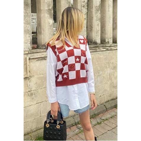 Women Designed Tile Red Sweater - Kiremit