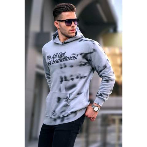 Dye Gray Embroidered Hoodie Sweatshirt 5897 - Boyalı gri