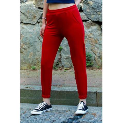 Mad Girls Maroon Pocket Detailed Sweatpants MG463 - Kırmızı