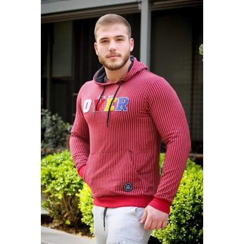 Burgundy Hooded Sweatshirt - Stripe Detailed 2788 - Bordo