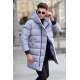 Stone Gray Hoodie Long Puffer Jacket 5743 - Taş rengi