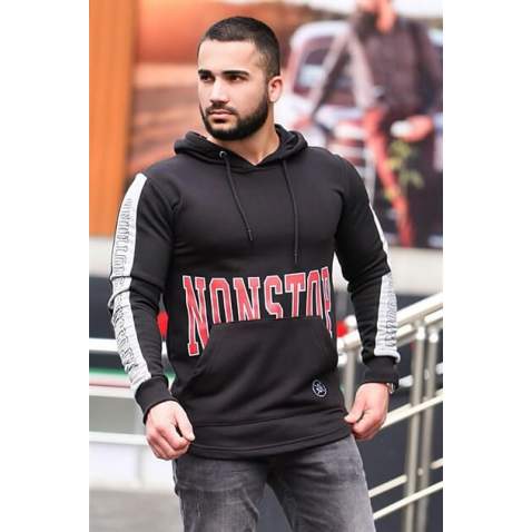 Kapşonlu Baskılı Sweatshirt Siyah 2766 - Siyah