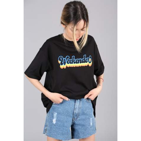 Women Printed Oversize Black T-Shirt - Siyah