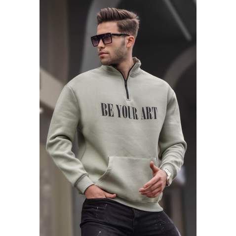 Mint Yeşili Fermuar Yaka Baskılı Erkek Sweatshirt 6032 - Mint yeşili