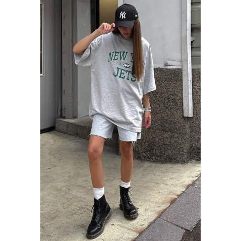 Women Printed Oversize Gray T-Shirt MG1226 - Gri