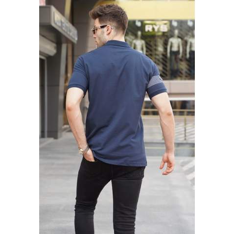 Men Striped Navy Blue Polo T-Shirt 5878 - Lacivert