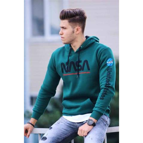 Madmext Men Printed Green Hoodie 4385 - Yeşil