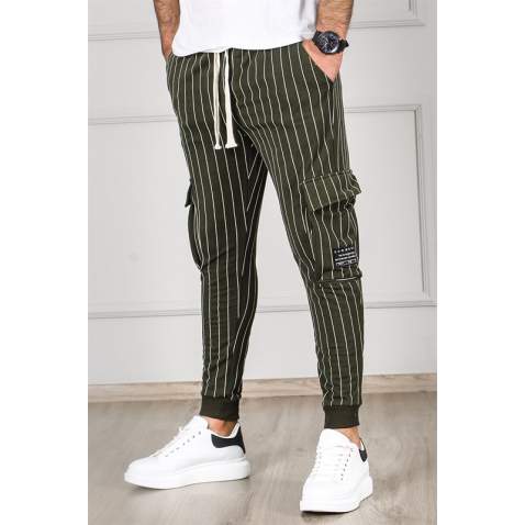 Madmext Khaki Pocket Detailed Striped Jogger Pants 4818 - Haki