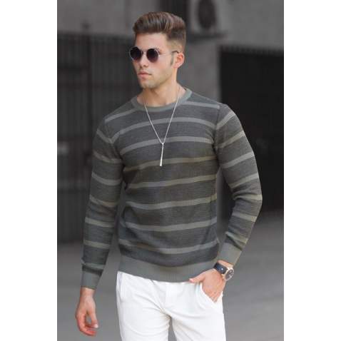 Madmext Men Striped Khaki Sweater 5191 - Haki